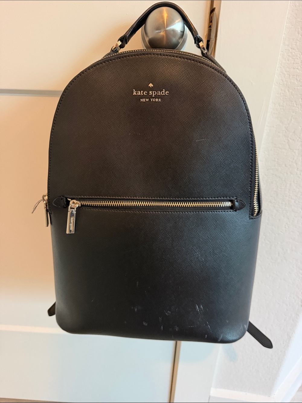 kate spade black saffiano leather backpack with silver-tone hardware